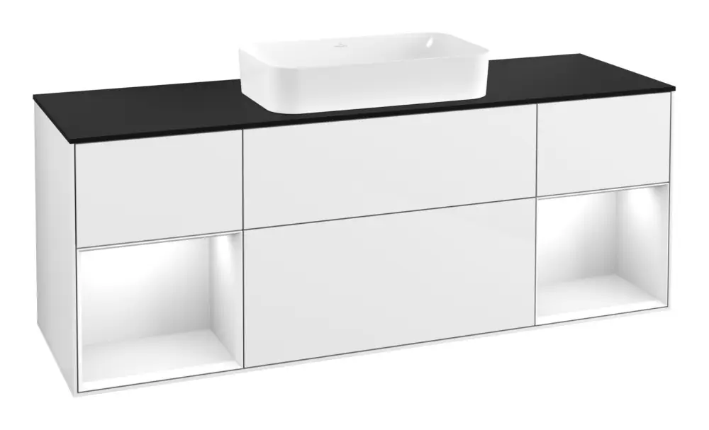 Neu Im Sortiment Villeroy & Boch Finion Waschbeckenunterschrank für Becken mittig Regal links/rechts für Finion 4 Auszüge mit Beleuchtung (4x LED) 1600 x 603 x 501 mm - Glossy White Lacquer / Glass Black Matt