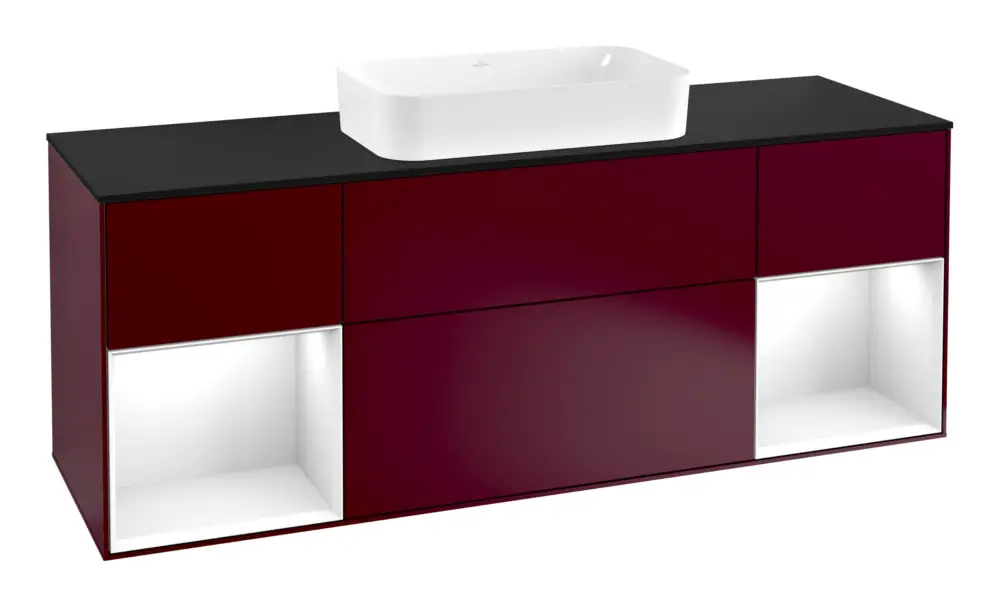 Villeroy & Boch Finion Waschbeckenunterschrank für Becken mittig Regal links/rechts für Finion 4 Auszüge mit Beleuchtung (4x LED) 1600 x 603 x 501 mm - Peony Matt Lacquer / Glossy White Lacquer / Glass Black Matt Billig