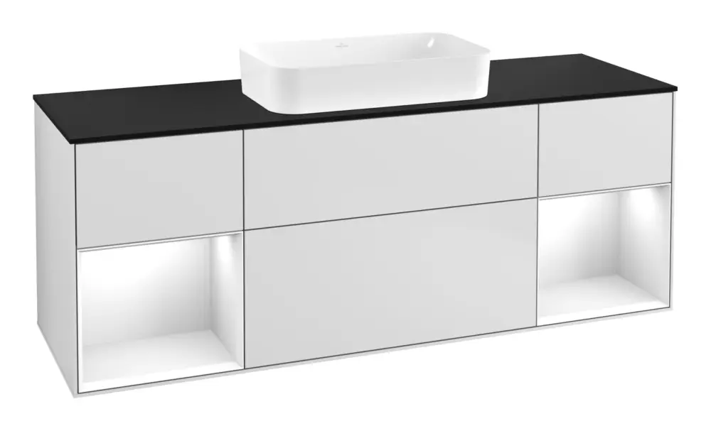 Villeroy & Boch Finion Waschbeckenunterschrank für Becken mittig Regal links/rechts für Finion 4 Auszüge mit Beleuchtung (4x LED) 1600 x 603 x 501 mm - White Matt Lacquer / Glossy White Lacquer / Glass Black Matt Neue Ware