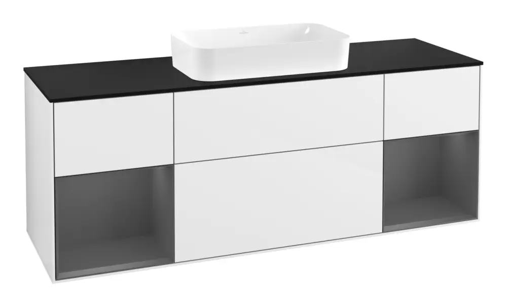 Villeroy & Boch Finion Waschbeckenunterschrank für Becken mittig Regal links/rechts für Finion 4 Auszüge mit Beleuchtung (4x LED) 1600 x 603 x 501 mm - Glossy White Lacquer / Anthracite Matt Lacquer / Glass Black Matt Preisreduziert
