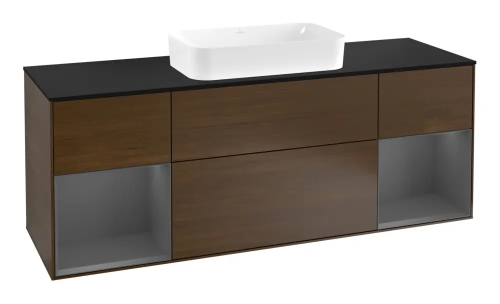 Mega-Angebot Villeroy & Boch Finion Waschbeckenunterschrank für Becken mittig Regal links/rechts für Finion 4 Auszüge mit Beleuchtung (4x LED) 1600 x 603 x 501 mm - Walnut Veneer / Anthracite Matt Lacquer / Glass Black Matt