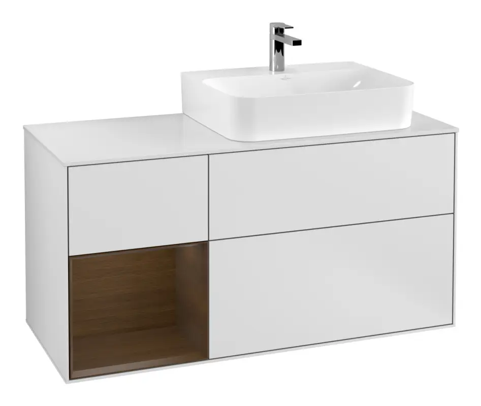 Villeroy & Boch Finion Waschbeckenunterschrank für Becken rechts Regal links für Finion / Memento 2.0 3 Auszüge mit Beleuchtung (1x LED) 1200 x 603 x 501 mm - White Matt Lacquer / Walnut Veneer / Glass White Matt Preis Gesenkt