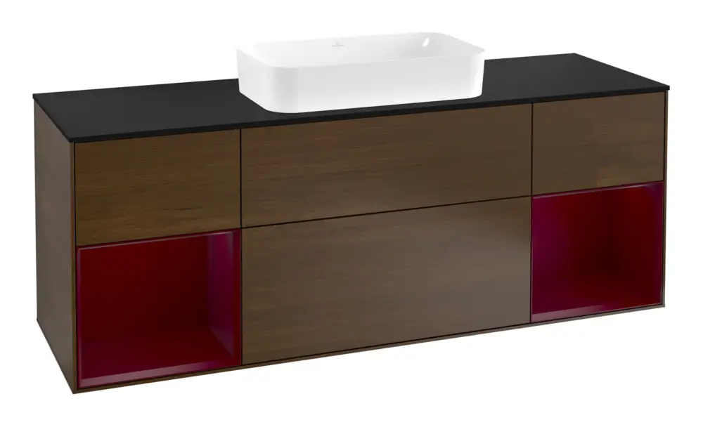 Rabatt Villeroy & Boch Finion Waschbeckenunterschrank für Becken mittig Regal links/rechts für Finion 4 Auszüge mit Beleuchtung (4x LED) 1600 x 603 x 501 mm - Walnut Veneer / Peony Matt Lacquer / Glass Black Matt