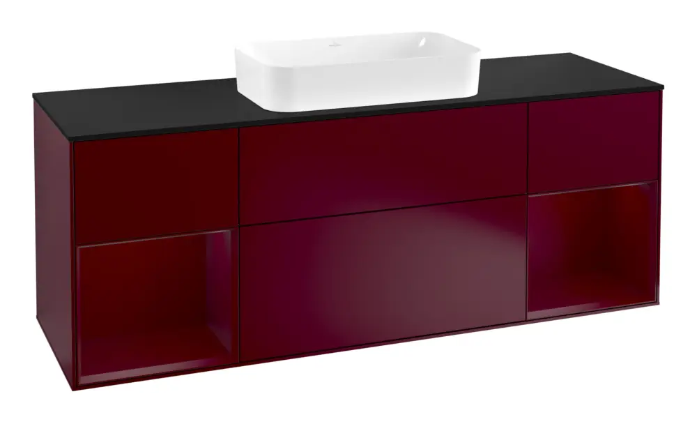 Villeroy & Boch Finion Waschbeckenunterschrank für Becken mittig Regal links/rechts für Finion 4 Auszüge mit Beleuchtung (4x LED) 1600 x 603 x 501 mm - Peony Matt Lacquer / Glass Black Matt Markenware