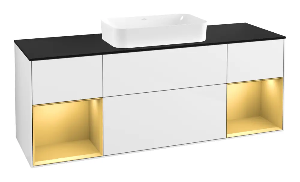 Markenprodukt Villeroy & Boch Finion Waschbeckenunterschrank für Becken mittig Regal links/rechts für Finion 4 Auszüge mit Beleuchtung (4x LED) 1600 x 603 x 501 mm - Glossy White Lacquer / Gold Matt Lacquer / Glass Black Matt