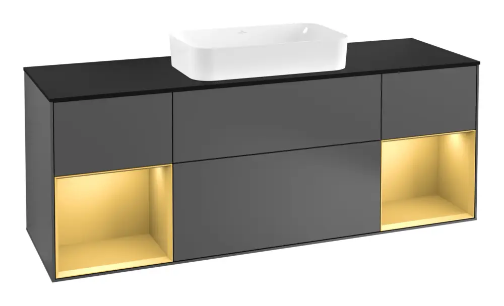 Rabatt Villeroy & Boch Finion Waschbeckenunterschrank für Becken mittig Regal links/rechts für Finion 4 Auszüge mit Beleuchtung (4x LED) 1600 x 603 x 501 mm - Anthracite Matt Lacquer / Gold Matt Lacquer / Glass Black Matt