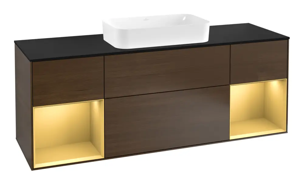 Villeroy & Boch Finion Waschbeckenunterschrank für Becken mittig Regal links/rechts für Finion 4 Auszüge mit Beleuchtung (4x LED) 1600 x 603 x 501 mm - Walnut Veneer / Gold Matt Lacquer / Glass Black Matt Bestseller