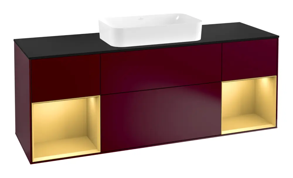 Versand Am Gleichen Tag Villeroy & Boch Finion Waschbeckenunterschrank für Becken mittig Regal links/rechts für Finion 4 Auszüge mit Beleuchtung (4x LED) 1600 x 603 x 501 mm - Peony Matt Lacquer / Gold Matt Lacquer / Glass Black Matt