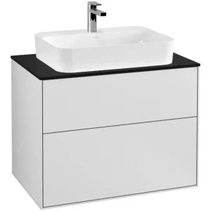 Abverkauf Villeroy & Boch Finion Waschbeckenunterschrank für Becken mittig ohne Regal für Finion / Memento 2.0 Aufsatzwaschbecken 2 Auszüge mit Beleuchtung (2x LED) 800 x 603 x 501 mm - White Matt Lacquer / Glass Black Matt