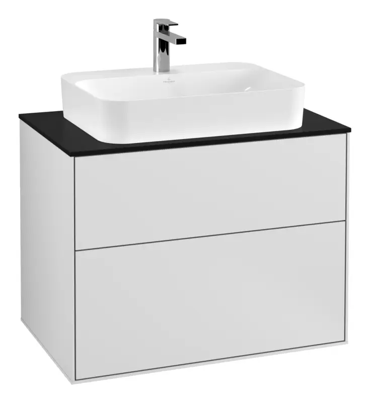 Abverkauf Villeroy & Boch Finion Waschbeckenunterschrank für Becken mittig ohne Regal für Finion / Memento 2.0 Aufsatzwaschbecken 2 Auszüge mit Beleuchtung (2x LED) 800 x 603 x 501 mm - White Matt Lacquer / Glass Black Matt