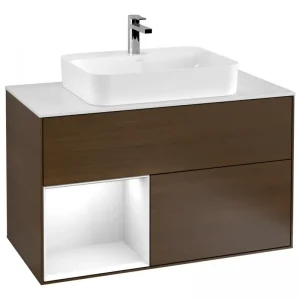 Abverkauf Villeroy & Boch Finion Waschbeckenunterschrank für Becken mittig Regal links für Finion / Memento 2.0 Aufsatzwaschbecken 2 Auszüge mit Beleuchtung (3x LED) 1000 x 603 x 501 mm - Walnut Veneer / Glossy White Lacquer / Glass White Matt