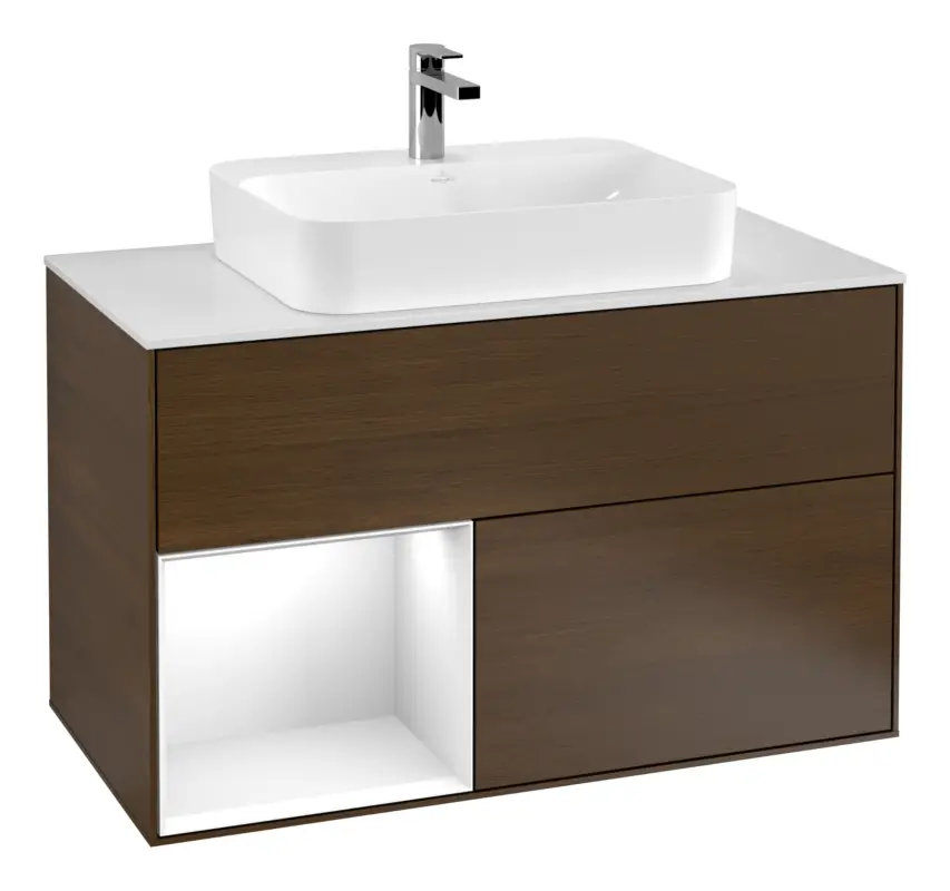 Abverkauf Villeroy & Boch Finion Waschbeckenunterschrank für Becken mittig Regal links für Finion / Memento 2.0 Aufsatzwaschbecken 2 Auszüge mit Beleuchtung (3x LED) 1000 x 603 x 501 mm - Walnut Veneer / Glossy White Lacquer / Glass White Matt