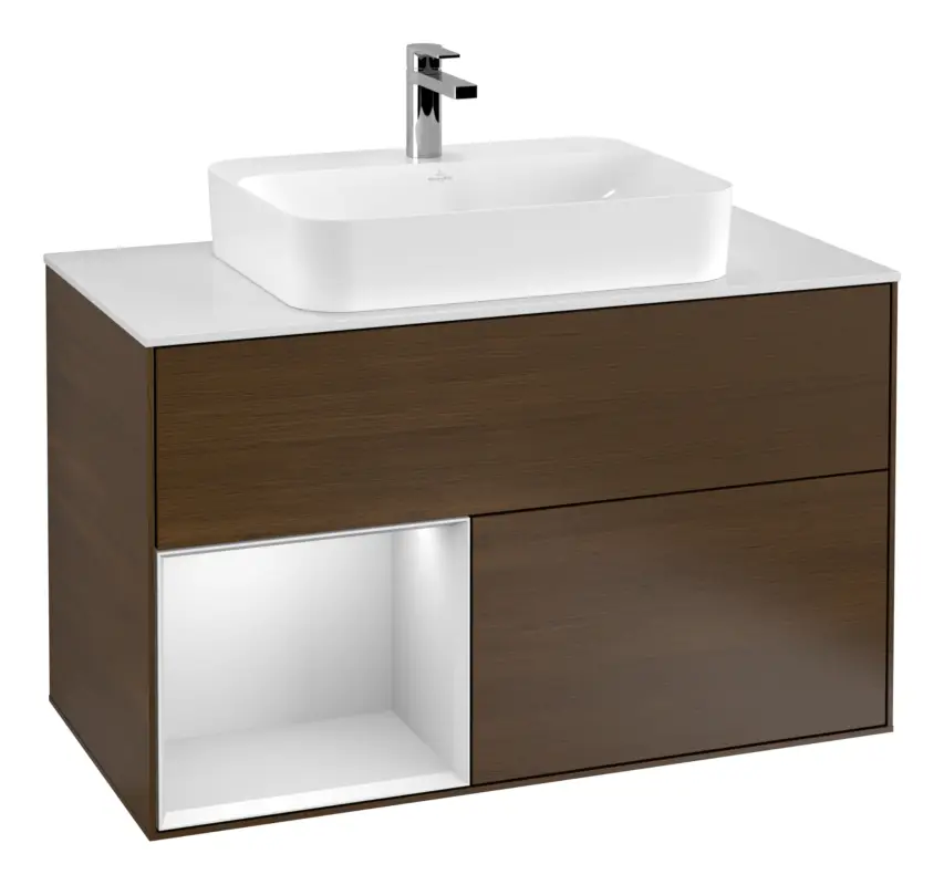 Preisreduziert Villeroy & Boch Finion Waschbeckenunterschrank für Becken mittig Regal links für Finion / Memento 2.0 Aufsatzwaschbecken 2 Auszüge mit Beleuchtung (3x LED) 1000 x 603 x 501 mm - Walnut Veneer / White Matt Lacquer / Glass White Matt