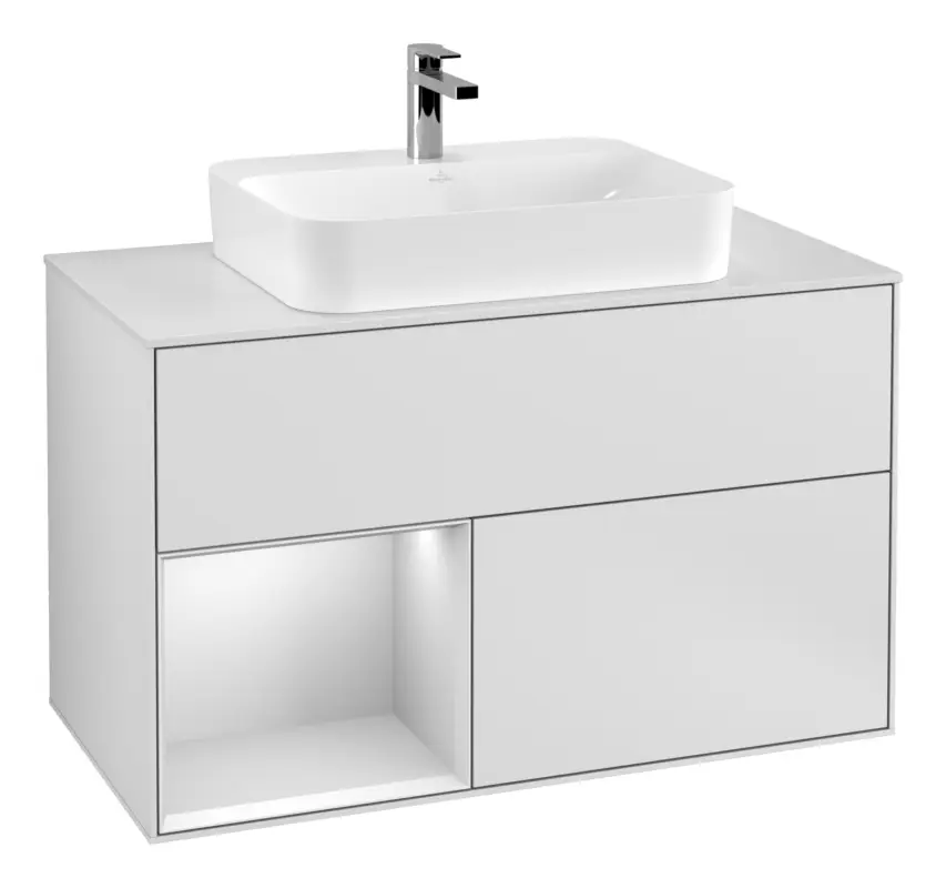 Begrenztes Angebot Villeroy & Boch Finion Waschbeckenunterschrank für Becken mittig Regal links für Finion / Memento 2.0 Aufsatzwaschbecken 2 Auszüge mit Beleuchtung (3x LED) 1000 x 603 x 501 mm - White Matt Lacquer / Glass White Matt