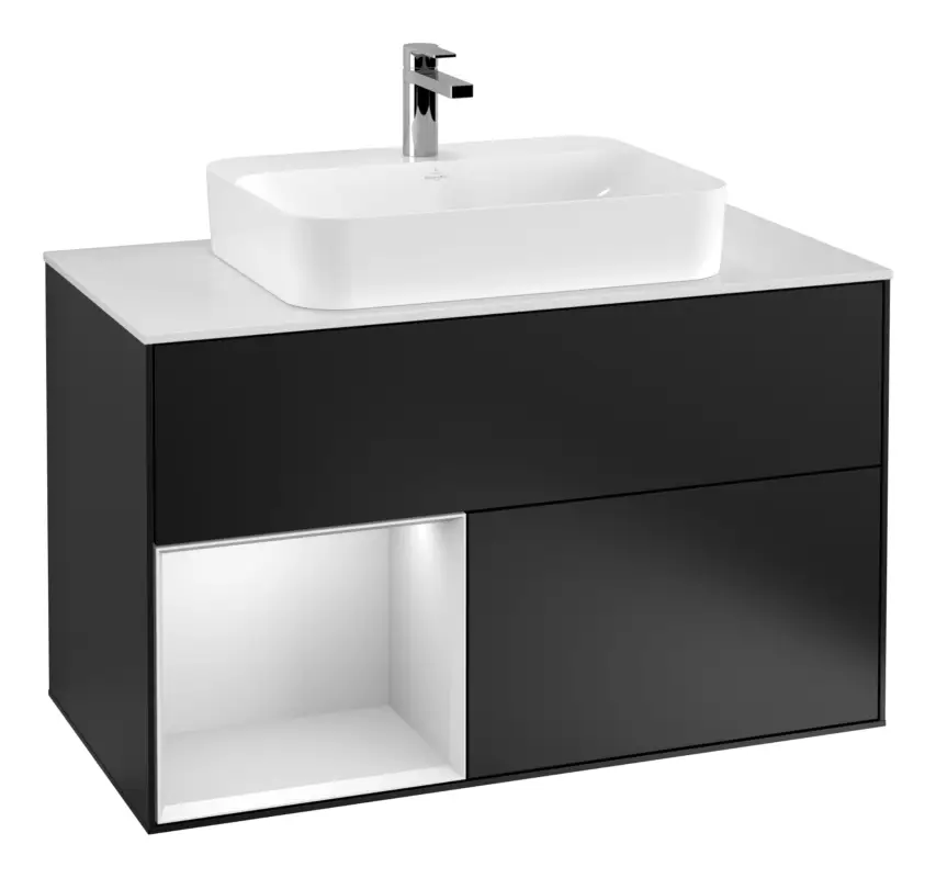 Saisonangebot Villeroy & Boch Finion Waschbeckenunterschrank für Becken mittig Regal links für Finion / Memento 2.0 Aufsatzwaschbecken 2 Auszüge mit Beleuchtung (3x LED) 1000 x 603 x 501 mm - Black Matt Lacquer / White Matt Lacquer / Glass White Matt