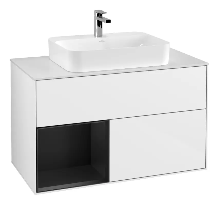 Begrenztes Angebot Villeroy & Boch Finion Waschbeckenunterschrank für Becken mittig Regal links für Finion / Memento 2.0 Aufsatzwaschbecken 2 Auszüge mit Beleuchtung (3x LED) 1000 x 603 x 501 mm - Glossy White Lacquer / Black Matt Lacquer / Glass White Matt