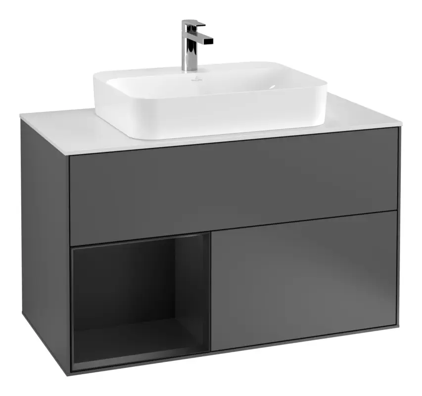 Villeroy & Boch Finion Waschbeckenunterschrank für Becken mittig Regal links für Finion / Memento 2.0 Aufsatzwaschbecken 2 Auszüge mit Beleuchtung (3x LED) 1000 x 603 x 501 mm - Anthracite Matt Lacquer / Black Matt Lacquer / Glass White Matt Günstig