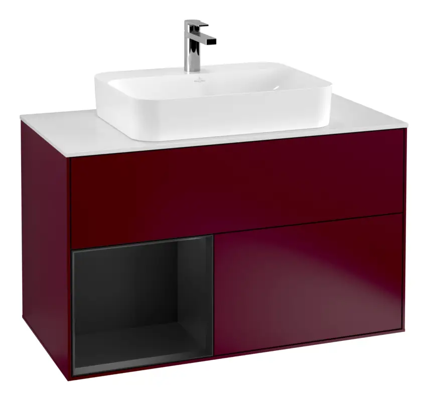 Villeroy & Boch Finion Waschbeckenunterschrank für Becken mittig Regal links für Finion / Memento 2.0 Aufsatzwaschbecken 2 Auszüge mit Beleuchtung (3x LED) 1000 x 603 x 501 mm - Peony Matt Lacquer / Black Matt Lacquer / Glass White Matt Schnäppchen