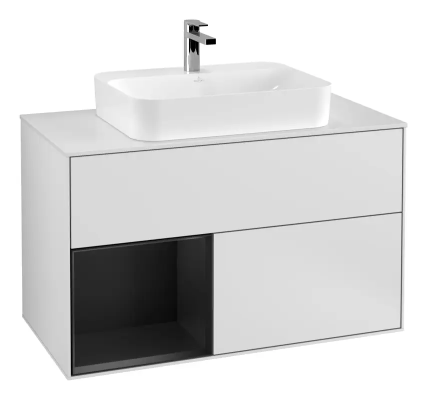 Villeroy & Boch Finion Waschbeckenunterschrank für Becken mittig Regal links für Finion / Memento 2.0 Aufsatzwaschbecken 2 Auszüge mit Beleuchtung (3x LED) 1000 x 603 x 501 mm - White Matt Lacquer / Black Matt Lacquer / Glass White Matt Jetzt Kaufen
