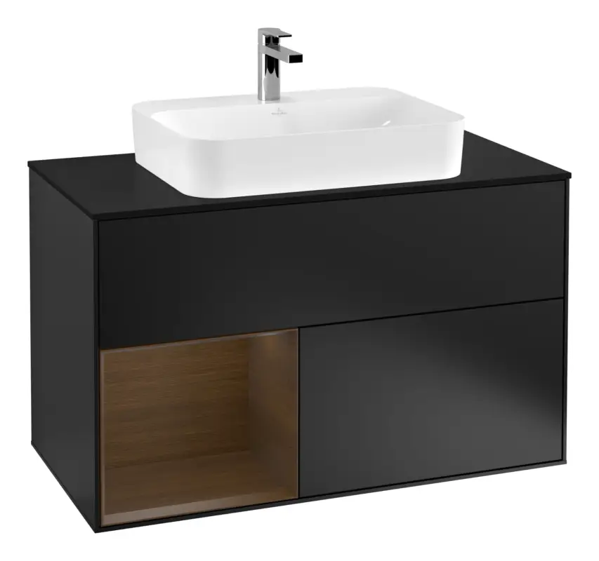 Villeroy & Boch Finion Waschbeckenunterschrank für Becken mittig Regal links für Finion / Memento 2.0 Aufsatzwaschbecken 2 Auszüge mit Beleuchtung (3x LED) 1000 x 603 x 501 mm - Black Matt Lacquer / Walnut Veneer / Glass Black Matt Markenprodukt