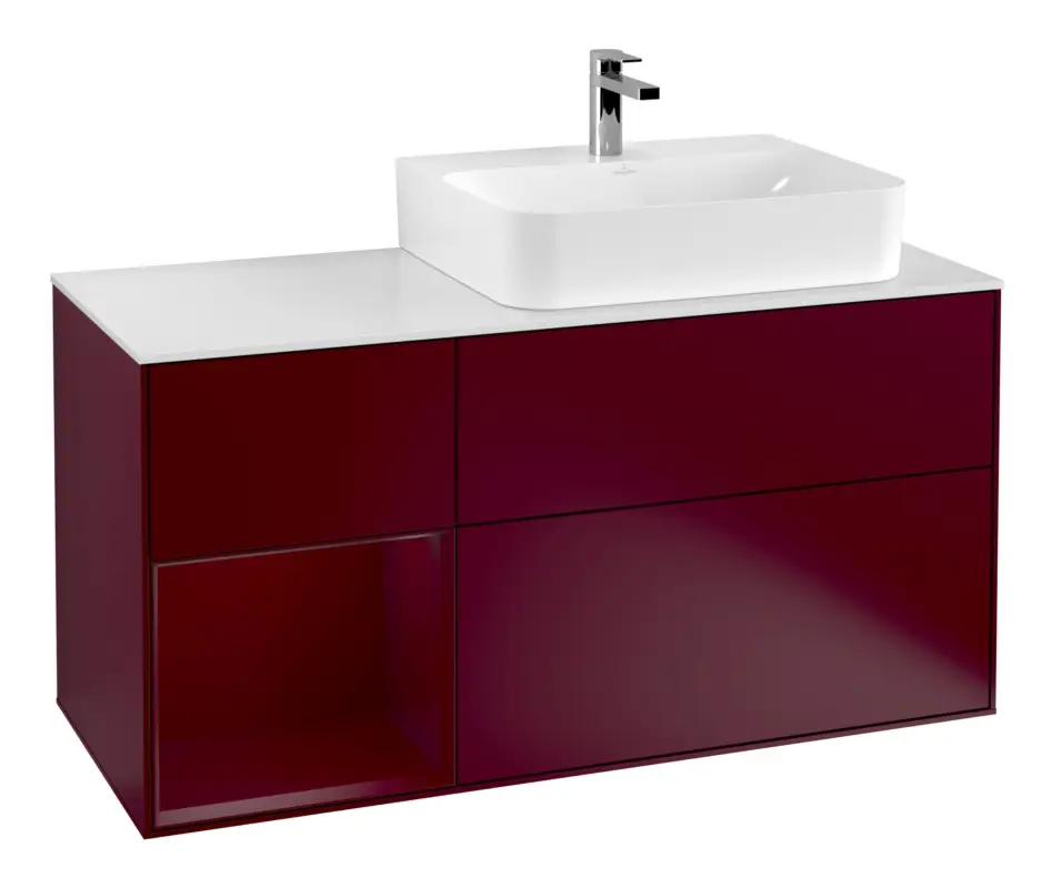 Villeroy & Boch Finion Waschbeckenunterschrank für Becken rechts Regal links für Finion / Memento 2.0 3 Auszüge mit Beleuchtung (1x LED) 1200 x 603 x 501 mm - Peony Matt Lacquer / Glass White Matt Top-Seller
