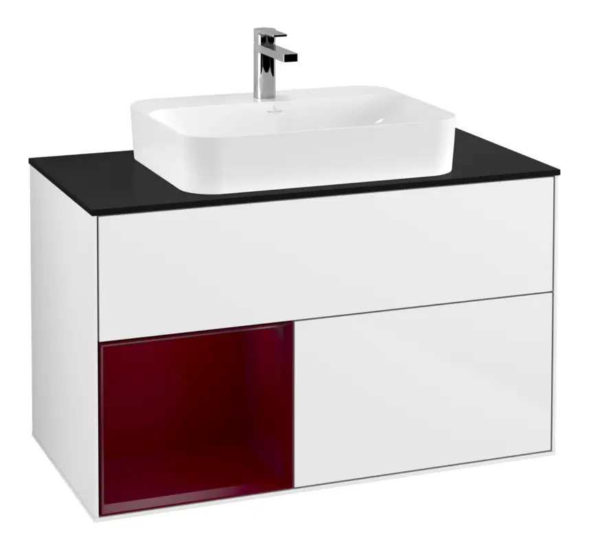 Schnäppchen Villeroy & Boch Finion Waschbeckenunterschrank für Becken mittig Regal links für Finion / Memento 2.0 Aufsatzwaschbecken 2 Auszüge mit Beleuchtung (3x LED) 1000 x 603 x 501 mm - Glossy White Lacquer / Peony Matt Lacquer / Glass Black Matt