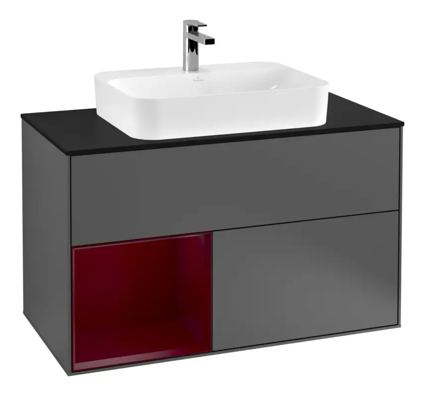 Super-Preis Villeroy & Boch Finion Waschbeckenunterschrank für Becken mittig Regal links für Finion / Memento 2.0 Aufsatzwaschbecken 2 Auszüge mit Beleuchtung (3x LED) 1000 x 603 x 501 mm - Anthracite Matt Lacquer / Peony Matt Lacquer / Glass Black Matt