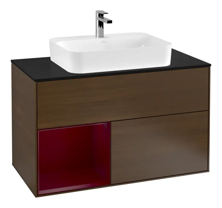 Villeroy & Boch Finion Waschbeckenunterschrank für Becken mittig Regal links für Finion / Memento 2.0 Aufsatzwaschbecken 2 Auszüge mit Beleuchtung (3x LED) 1000 x 603 x 501 mm - Walnut Veneer / Peony Matt Lacquer / Glass Black Matt Jetzt Kaufen