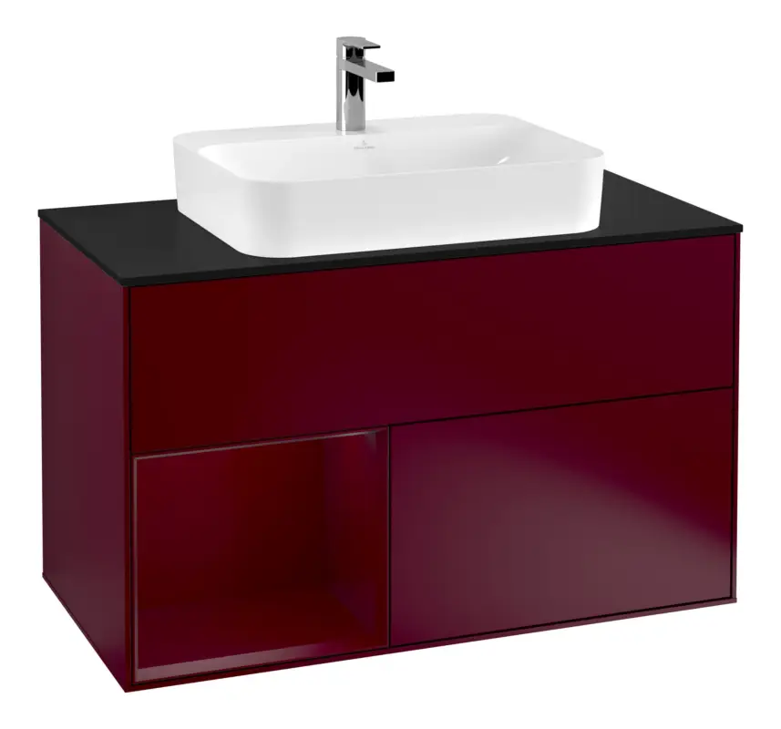 Villeroy & Boch Finion Waschbeckenunterschrank für Becken mittig Regal links für Finion / Memento 2.0 Aufsatzwaschbecken 2 Auszüge mit Beleuchtung (3x LED) 1000 x 603 x 501 mm - Peony Matt Lacquer / Glass Black Matt Günstig