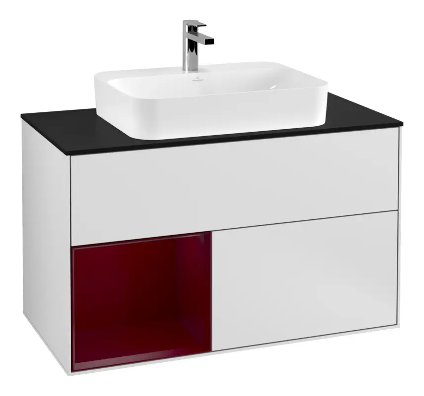Villeroy & Boch Finion Waschbeckenunterschrank für Becken mittig Regal links für Finion / Memento 2.0 Aufsatzwaschbecken 2 Auszüge mit Beleuchtung (3x LED) 1000 x 603 x 501 mm - White Matt Lacquer / Peony Matt Lacquer / Glass Black Matt Bestseller