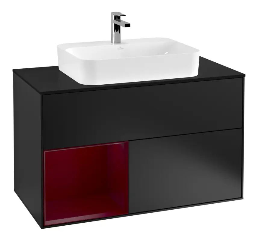Saisonangebot Villeroy & Boch Finion Waschbeckenunterschrank für Becken mittig Regal links für Finion / Memento 2.0 Aufsatzwaschbecken 2 Auszüge mit Beleuchtung (3x LED) 1000 x 603 x 501 mm - Black Matt Lacquer / Peony Matt Lacquer / Glass Black Matt
