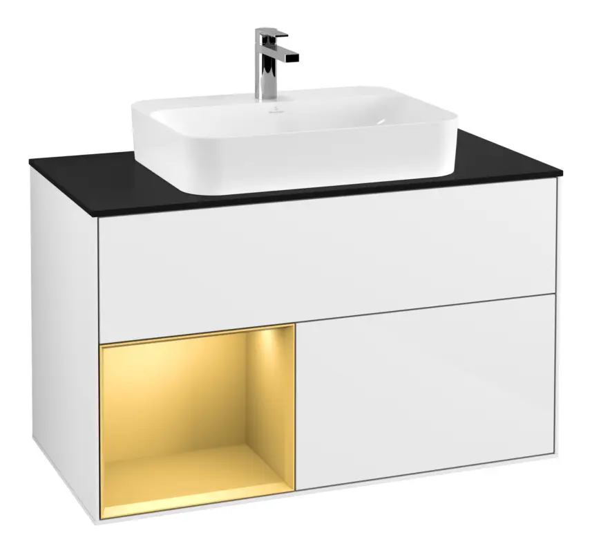 Top-Preis Villeroy & Boch Finion Waschbeckenunterschrank für Becken mittig Regal links für Finion / Memento 2.0 Aufsatzwaschbecken 2 Auszüge mit Beleuchtung (3x LED) 1000 x 603 x 501 mm - Glossy White Lacquer / Gold Matt Lacquer / Glass Black Matt