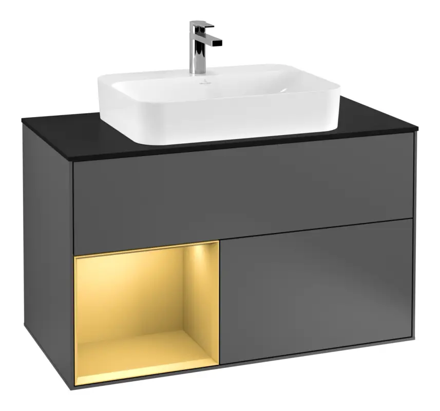 Jetzt Kaufen Villeroy & Boch Finion Waschbeckenunterschrank für Becken mittig Regal links für Finion / Memento 2.0 Aufsatzwaschbecken 2 Auszüge mit Beleuchtung (3x LED) 1000 x 603 x 501 mm - Anthracite Matt Lacquer / Gold Matt Lacquer / Glass Black Matt
