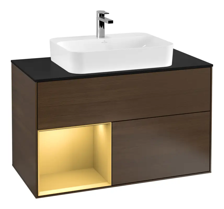 Letzte Chance Villeroy & Boch Finion Waschbeckenunterschrank für Becken mittig Regal links für Finion / Memento 2.0 Aufsatzwaschbecken 2 Auszüge mit Beleuchtung (3x LED) 1000 x 603 x 501 mm - Walnut Veneer / Gold Matt Lacquer / Glass Black Matt