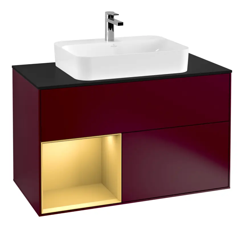 Villeroy & Boch Finion Waschbeckenunterschrank für Becken mittig Regal links für Finion / Memento 2.0 Aufsatzwaschbecken 2 Auszüge mit Beleuchtung (3x LED) 1000 x 603 x 501 mm - Peony Matt Lacquer / Gold Matt Lacquer / Glass Black Matt Sofort Bestellen