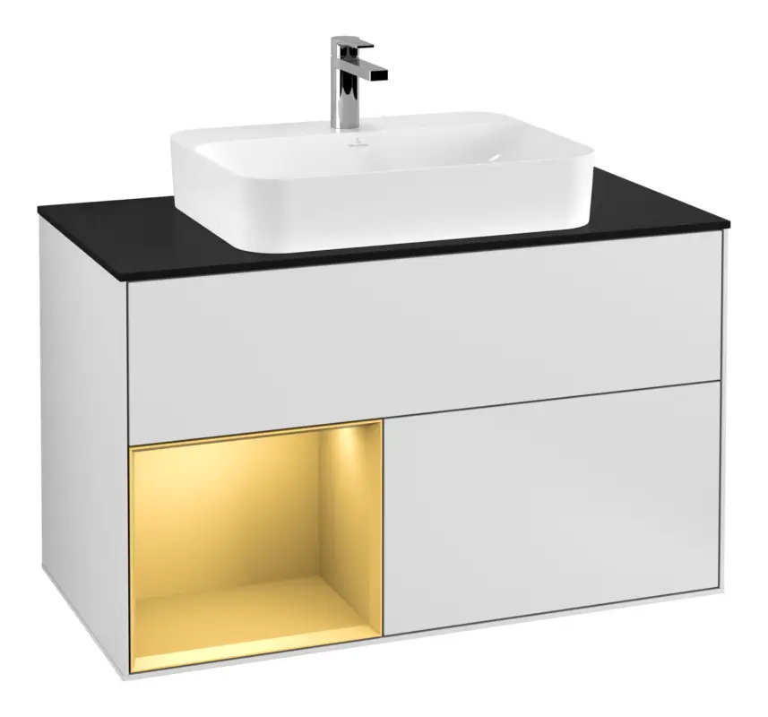 Preiswert Villeroy & Boch Finion Waschbeckenunterschrank für Becken mittig Regal links für Finion / Memento 2.0 Aufsatzwaschbecken 2 Auszüge mit Beleuchtung (3x LED) 1000 x 603 x 501 mm - White Matt Lacquer / Gold Matt Lacquer / Glass Black Matt