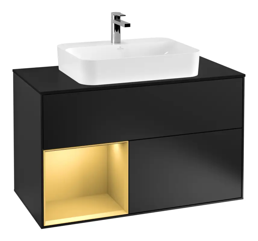 Villeroy & Boch Finion Waschbeckenunterschrank für Becken mittig Regal links für Finion / Memento 2.0 Aufsatzwaschbecken 2 Auszüge mit Beleuchtung (3x LED) 1000 x 603 x 501 mm - Black Matt Lacquer / Gold Matt Lacquer / Glass Black Matt Finale Aktion
