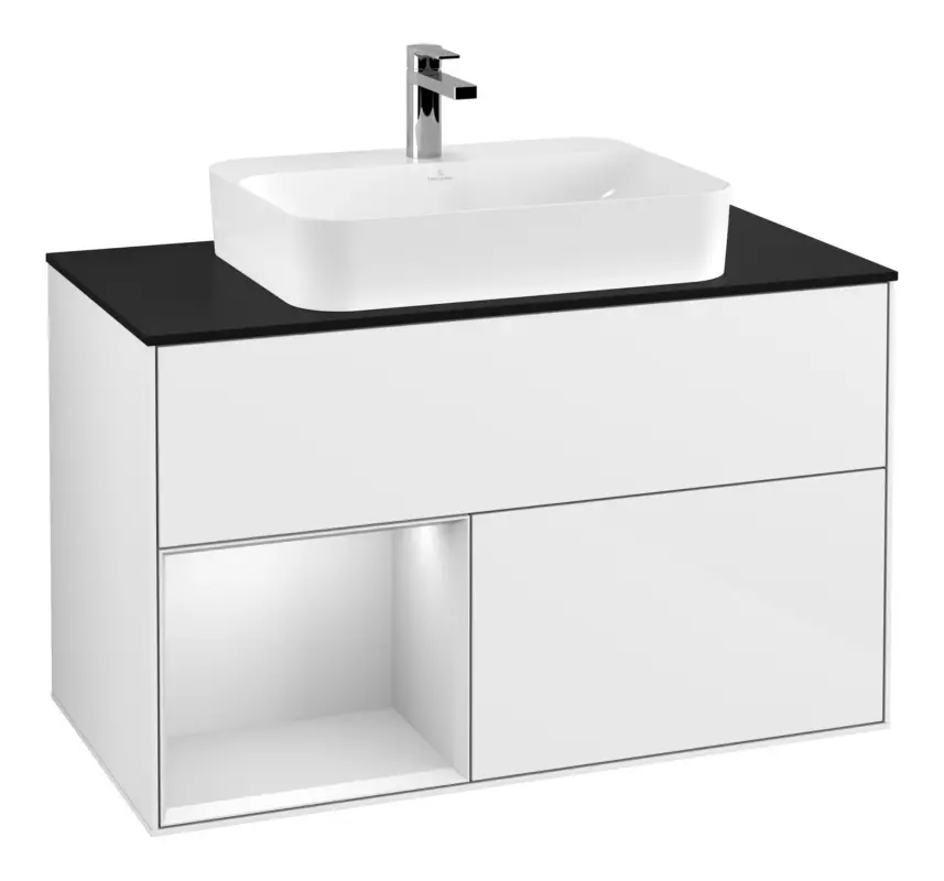 Villeroy & Boch Finion Waschbeckenunterschrank für Becken mittig Regal links für Finion / Memento 2.0 Aufsatzwaschbecken 2 Auszüge mit Beleuchtung (3x LED) 1000 x 603 x 501 mm - Glossy White Lacquer / White Matt Lacquer / Glass Black Matt Preiswert