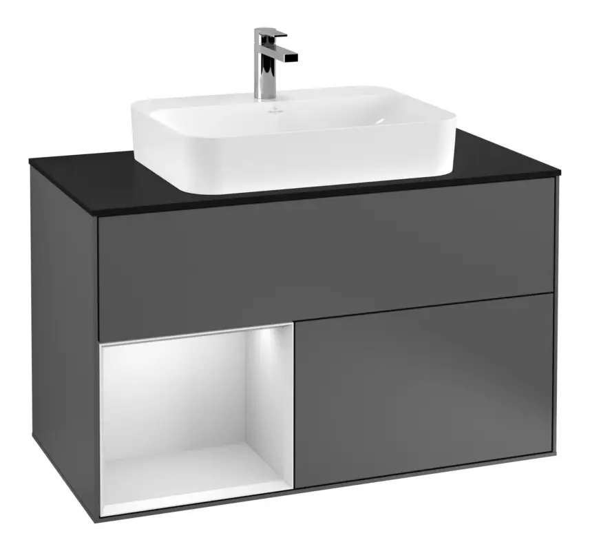Aktuell Villeroy & Boch Finion Waschbeckenunterschrank für Becken mittig Regal links für Finion / Memento 2.0 Aufsatzwaschbecken 2 Auszüge mit Beleuchtung (3x LED) 1000 x 603 x 501 mm - Anthracite Matt Lacquer / White Matt Lacquer / Glass Black Matt