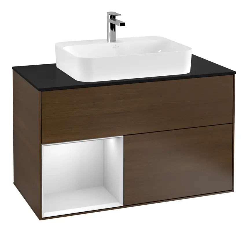 Villeroy & Boch Finion Waschbeckenunterschrank für Becken mittig Regal links für Finion / Memento 2.0 Aufsatzwaschbecken 2 Auszüge mit Beleuchtung (3x LED) 1000 x 603 x 501 mm - Walnut Veneer / White Matt Lacquer / Glass Black Matt Expressversand