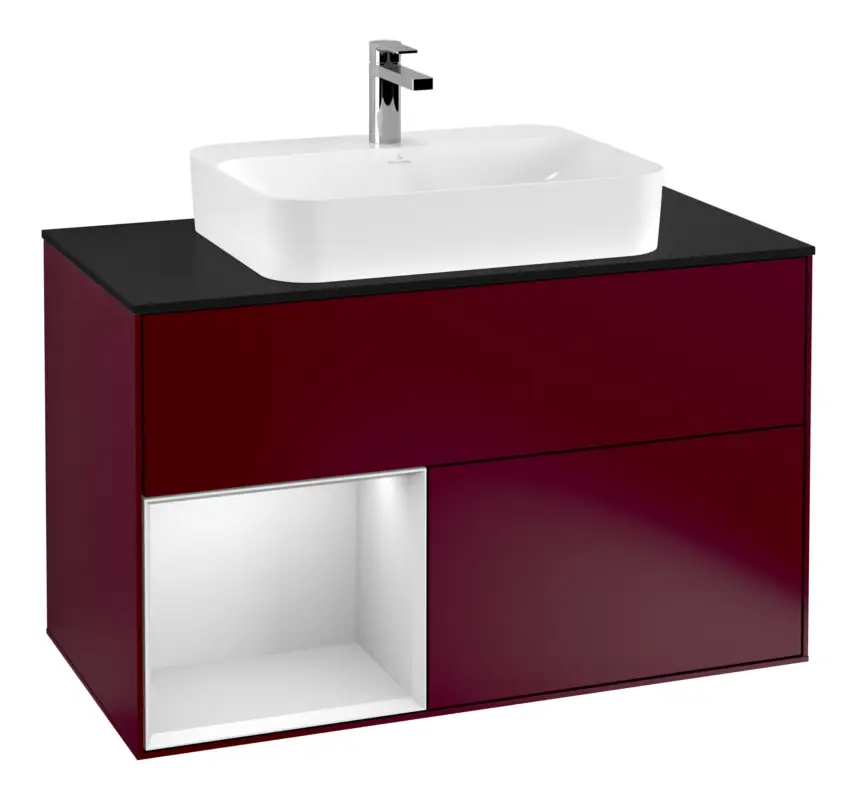 Villeroy & Boch Finion Waschbeckenunterschrank für Becken mittig Regal links für Finion / Memento 2.0 Aufsatzwaschbecken 2 Auszüge mit Beleuchtung (3x LED) 1000 x 603 x 501 mm - Peony Matt Lacquer / White Matt Lacquer / Glass Black Matt Garantierte Lieferung