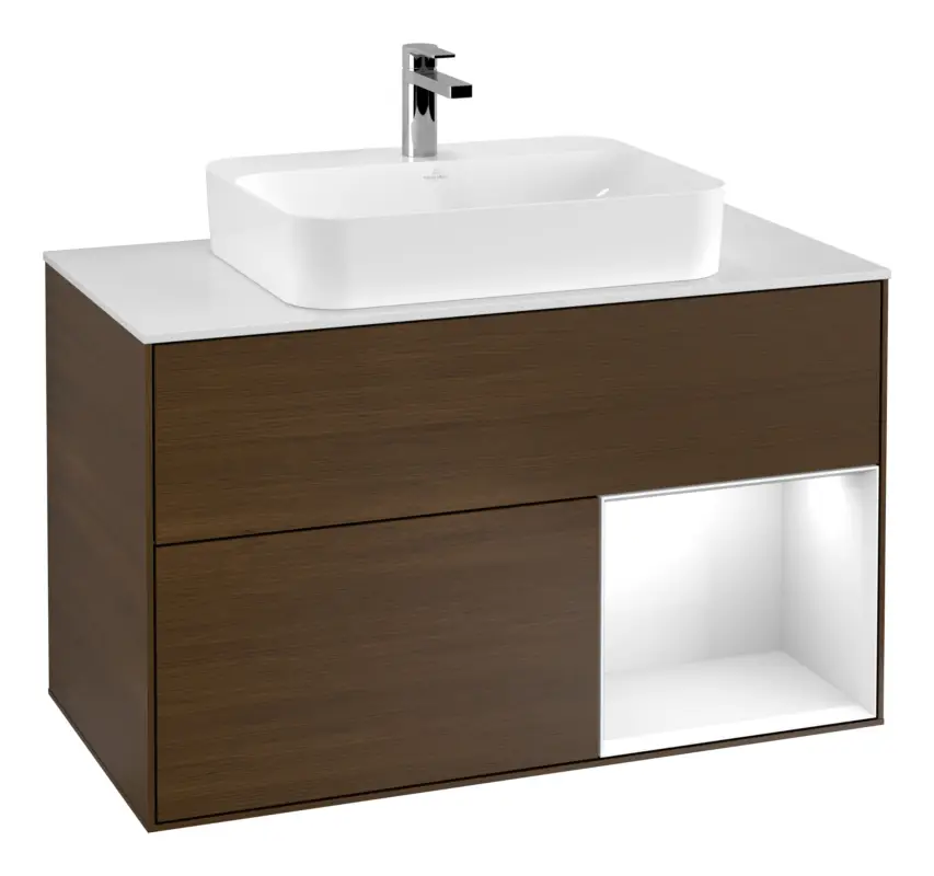 Expressversand Villeroy & Boch Finion Waschbeckenunterschrank für Becken mittig Regal rechts für Finion / Memento 2.0 Aufsatzwaschbecken 2 Auszüge mit Beleuchtung (3x LED) 1000 x 603 x 501 mm - Walnut Veneer / Glossy White Lacquer / Glass White Matt