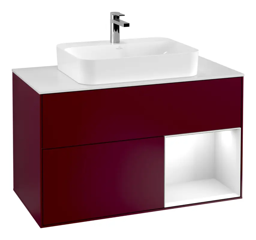Villeroy & Boch Finion Waschbeckenunterschrank für Becken mittig Regal rechts für Finion / Memento 2.0 Aufsatzwaschbecken 2 Auszüge mit Beleuchtung (3x LED) 1000 x 603 x 501 mm - Peony Matt Lacquer / Glossy White Lacquer / Glass White Matt Rabatt