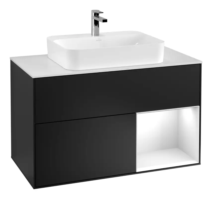 Villeroy & Boch Finion Waschbeckenunterschrank für Becken mittig Regal rechts für Finion / Memento 2.0 Aufsatzwaschbecken 2 Auszüge mit Beleuchtung (3x LED) 1000 x 603 x 501 mm - Black Matt Lacquer / Glossy White Lacquer / Glass White Matt Geprüft