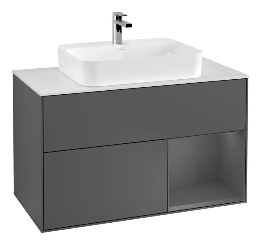 Schnäppchen Villeroy & Boch Finion Waschbeckenunterschrank für Becken mittig Regal rechts für Finion / Memento 2.0 Aufsatzwaschbecken 2 Auszüge mit Beleuchtung (3x LED) 1000 x 603 x 501 mm - Anthracite Matt Lacquer / Glass White Matt
