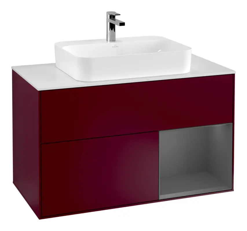 Villeroy & Boch Finion Waschbeckenunterschrank für Becken mittig Regal rechts für Finion / Memento 2.0 Aufsatzwaschbecken 2 Auszüge mit Beleuchtung (3x LED) 1000 x 603 x 501 mm - Peony Matt Lacquer / Anthracite Matt Lacquer / Glass White Matt Neu