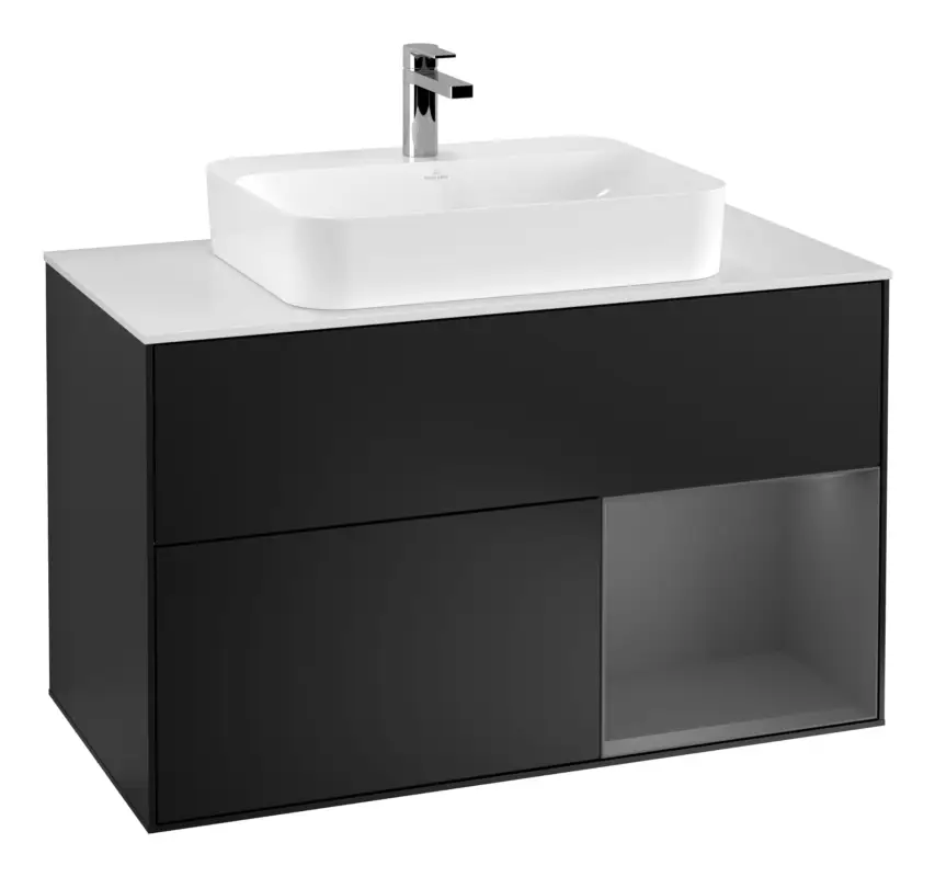 Rabatt Villeroy & Boch Finion Waschbeckenunterschrank für Becken mittig Regal rechts für Finion / Memento 2.0 Aufsatzwaschbecken 2 Auszüge mit Beleuchtung (3x LED) 1000 x 603 x 501 mm - Black Matt Lacquer / Anthracite Matt Lacquer / Glass White Matt