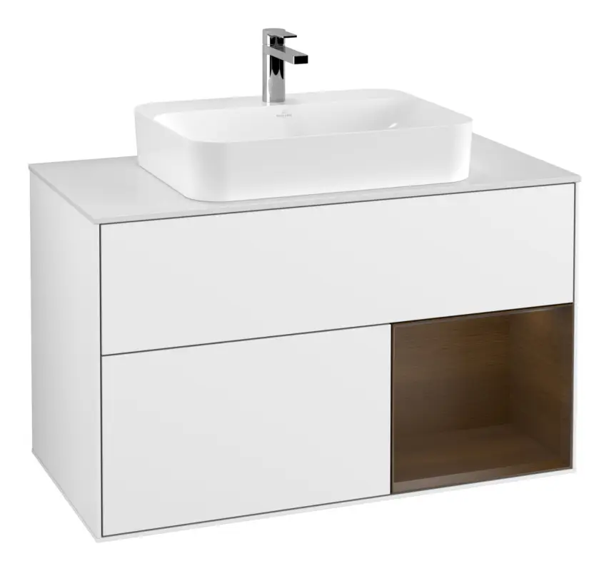 Letzte Chance Villeroy & Boch Finion Waschbeckenunterschrank für Becken mittig Regal rechts für Finion / Memento 2.0 Aufsatzwaschbecken 2 Auszüge mit Beleuchtung (3x LED) 1000 x 603 x 501 mm - Glossy White Lacquer / Walnut Veneer / Glass White Matt