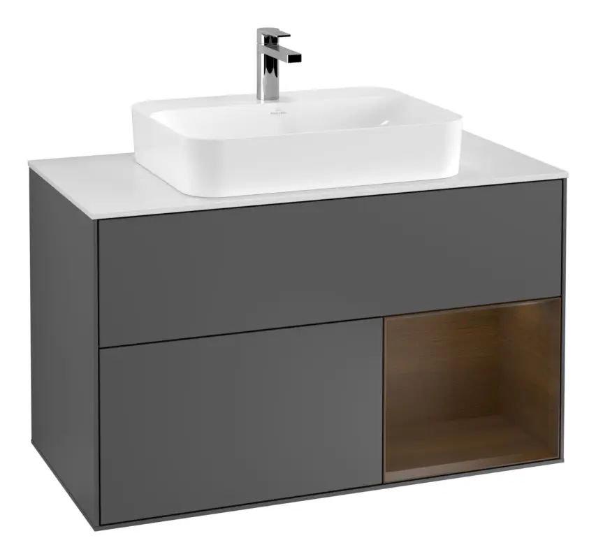 Beliebt Villeroy & Boch Finion Waschbeckenunterschrank für Becken mittig Regal rechts für Finion / Memento 2.0 Aufsatzwaschbecken 2 Auszüge mit Beleuchtung (3x LED) 1000 x 603 x 501 mm - Anthracite Matt Lacquer / Walnut Veneer / Glass White Matt