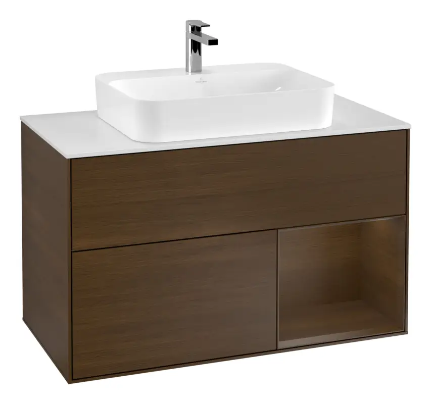 Villeroy & Boch Finion Waschbeckenunterschrank für Becken mittig Regal rechts für Finion / Memento 2.0 Aufsatzwaschbecken 2 Auszüge mit Beleuchtung (3x LED) 1000 x 603 x 501 mm - Walnut Veneer / Glass White Matt Bestseller